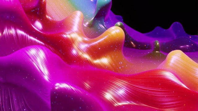 Smooth abstract animation of liquid gradient rainbow color in 4k. Bright glossy paint surface as abstract looped festive background. Glitters on viscous liquid with 3d splashes on surface like drops.