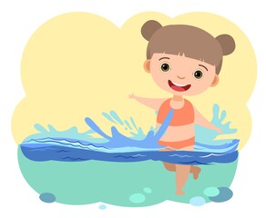 Obraz na płótnie Canvas Girl is having fun. Waves of water in river, sea or ocean. Flow. Swimming, diving and water sports. Pool. Isolated on white background. Illustration in cartoon style. Flat design. Vector art