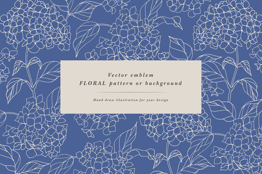 Vintage card with hydrangea flowers. Floral wreath. Flower frame for flowershop with label designs. Summer floral greeting card. Flowers background for cosmetics packaging.