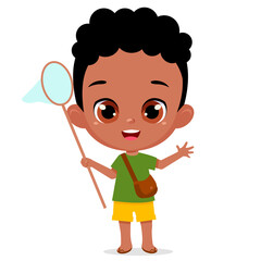 Afro-American kid boy with a Butterfly Net. Happy cute little young biologist, child naturalist in summer wearing t shirt, pants with bag. Fun Cartoon vector isolated illustration on white background