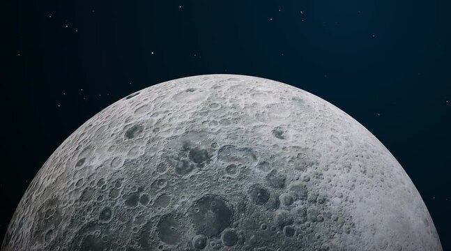 Flying over the moon. very high detailed Realistic Moon 4k. close up view of moon surface full hd. galaxy and science background. Epic Moon spinning from the space. 