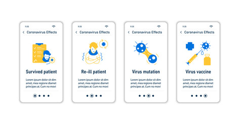 Corona virus effects onboarding mobile app screens.Covid long term system health damage steps menu. Set of UI, UX, web template with RGB color linear icons