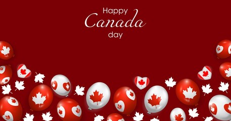 Happy Canada day. Banner for Facebook with maple leaf, decorative heart, red and white balloons at the bottom. Template. Square frame. Post. Vector illustration isolated on dark-red background.