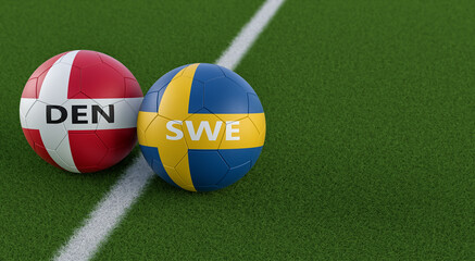 Denmark vs. Sweden Soccer Match - Leather balls in Denmark and Sweden national colors on a soccer field. Copy space on the right side - 3D Rendering 