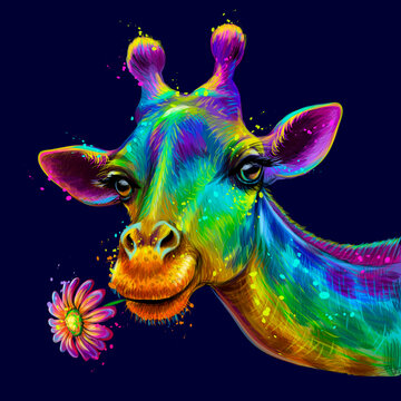 Giraffe. Abstract, colorful, neon portrait of a cute giraffe with a flower on a dark blue background in the style of pop art. Digital vector graphics. Background on a separate layer.