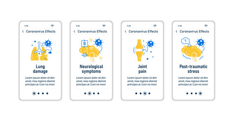 Corona virus effects onboarding mobile app screens.Covid long term system health damage steps menu. Set of UI, UX, web template with RGB color linear icons
