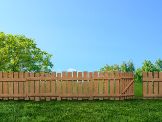 wooden garden fence at backyard and trees in summer