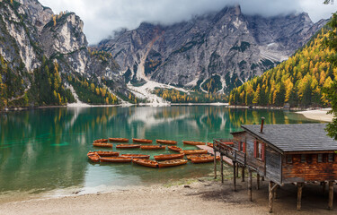 The beautiful Braies lake in late autumn, pearl of the Dolomite, UNESCO heritage