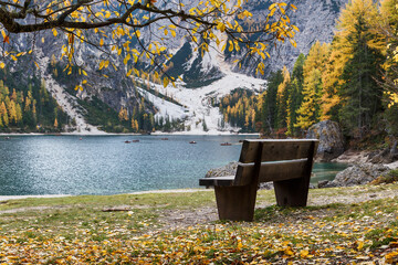 The beautiful Braies lake in late autumn, pearl of the Dolomite, UNESCO heritage