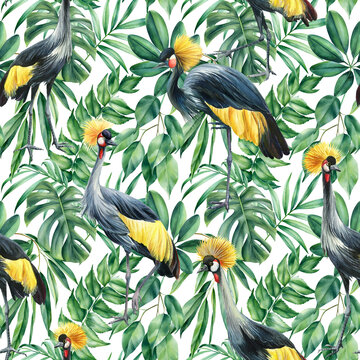 Bird cranes and tropical plants. Watercolor illustration, Seamless pattern
