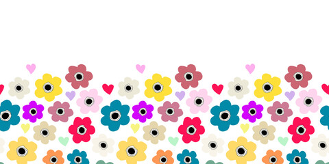 Seamless baner background with childish floral pattern. Flowers and hearts of different bright colors on a white background. for printing on dishes, cups, stationery. Vector illustration