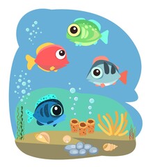 Tropical fish. Little landscape. Underwater marine life. Wild animals. Ocean, sea. Summer water. Isolated on white background. Illustration in cartoon style. Flat design. Vector art