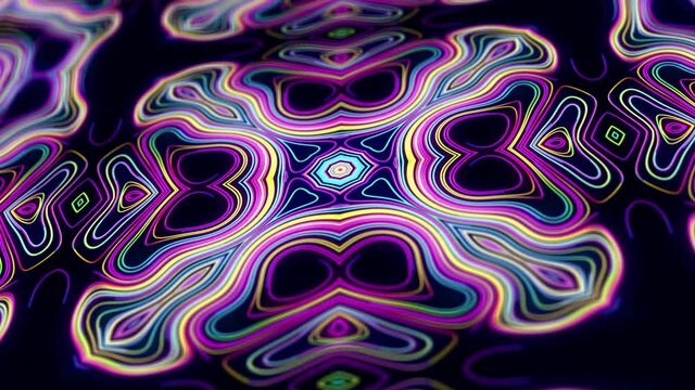Pattern as flower or star. 4k abstract looped bg with grows rainbow colors lines pattern like symmetrical radial ornament on plane. Kaleidoscopic structure with curved lines. Luma matte as alpha.