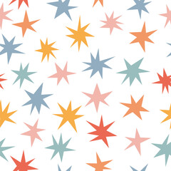 Scandinavian seamless pattern with stars. Cute background with colored shooting stars