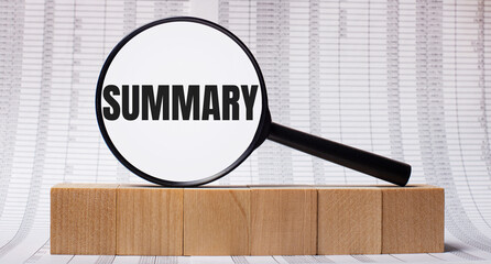 Against the background of reports on wooden cubes - a magnifying glass with the text SUMMARY. Business concept