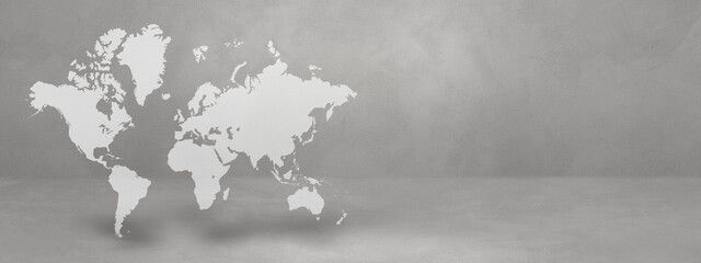 World map on concrete wall background. 3D illustration. Horizontal banner