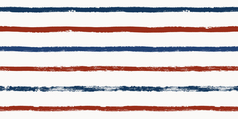 Stripes seamless pattern, red and blue patriotic striped vector background, american watercolor brush strokes. USA colors grunge stripes