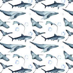 Fish pattern.Watercolor hand drawn pattern isolated on white background.
