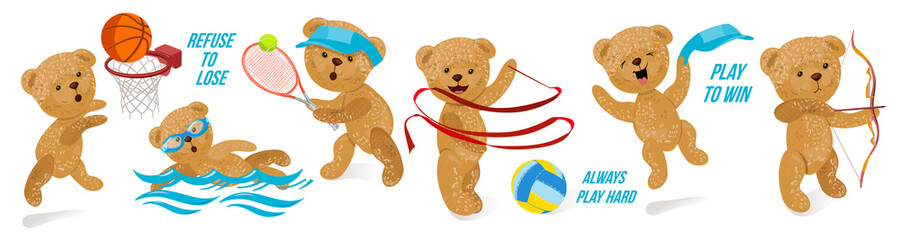Set of sports icons, panorama with teddy bears. Characters go in for sports, rhythmic gymnastics, swimming, play basketball, tennis, and archery. Logos with slogans. Vintage vector illustration.