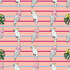 Vector pastel pink background tropical birds, parrots, exotic cheese plant, monstera, hibiscus flowers. Seamless pattern background