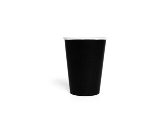 Black disposable cup isolated on a white background. Paper cup. Coffee cup.