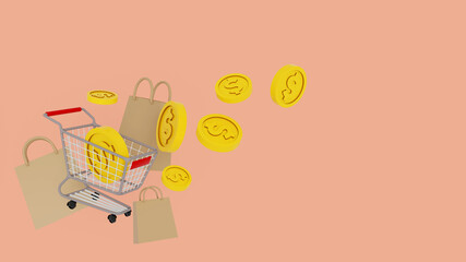 3D cart shopping with bag and coin, digital marketing, online buying, and online payment concept. 3d banner background.