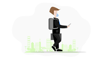 Businessman checks his mobile phone income balance while walking to work in vector format.