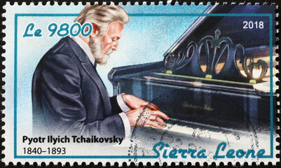 Tchaikovsky playing the piano on postage stamp