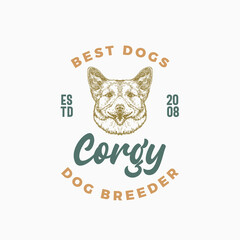 Dog Breeder Badge or Logo Template. Hand Drawn Corgy Breed Face Sketch with Retro Typography. Vintage Premium Emblem. Isolated