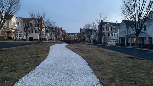 Hingham Shipyard Condos In The Sunset, Streets Lit By Streetlights