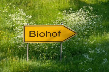 Gelbes Schild mit Aufschrift Biohof als Wegweiser in Gr&uuml;ner Wiese mit weissen Blumen 