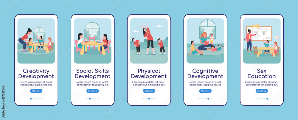 Wall mural children development onboarding mobile app screen flat vector template. walkthrough website 5 steps 