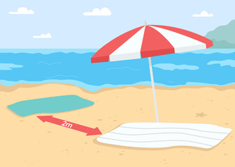Seaside beach vacation with coronavirus restrictions flat color vector illustration. New normal for travel. Sunbathing under umbrella. Sand 2D cartoon beach with seascape on background