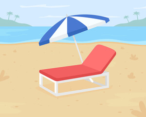 Relaxing beach vacation flat color vector illustration. Beach destination. Outdoor chair for sandy surfaces. Chilling out on 2D cartoon sun lounger under umbrella with seashore on background