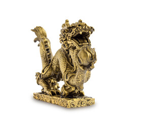 A bronze dragon figurine on a white background.