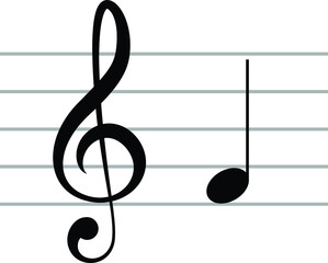 Black music symbol of G clef with note F or FA on ledger lines