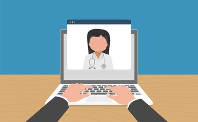Laptop with doctor on screen during telemedicine doctor visit