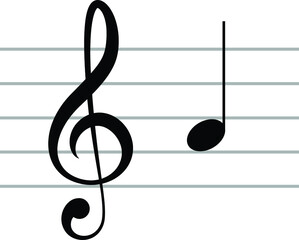Black music symbol of G clef with note A or LA on ledger lines