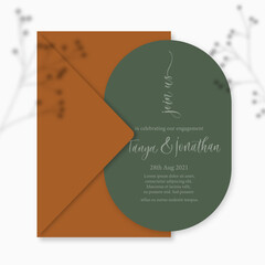 Modern wedding invitation, burnt orange and green wedding invitation template, arch shape with Gypsophila shadow and handmade calligraphy.