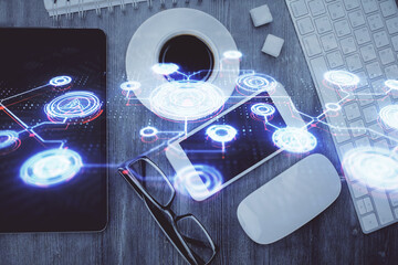 Double exposure of social network theme drawing over table with phone. Top view. People connecting...