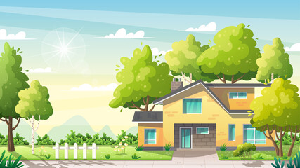 Modern House in summer landscape. Empty street with green trees, fence and flowers. Urban garden Cartoon vector illustration. 