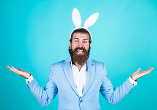 Are You Ready. Happy Easter. True Gentleman With Bunny Ears. Male Funny Look. Bearded Man In Formalwear And Hare Ears. Elegant Businessman Wear Elegant Apparel For Spring Holiday