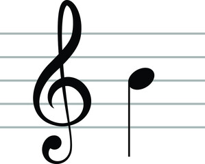 Black music symbol of G clef with note B or SI on ledger lines