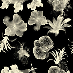Black Hibiscus Wallpaper. White Flower Illustration. Watercolor Texture. Floral Backdrop. Seamless Illustration. Pattern Decor. Tropical Leaves. Fashion Set.