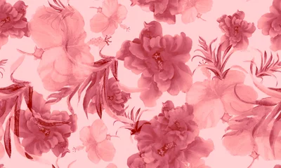 Poster Blur Hibiscus Garden. Pink Flower Set. Fuchsia Seamless Background. Coral Watercolor Leaves. Pattern Illustration. Tropical Jungle. Exotic Wallpaper. Art Jungle. © Nima