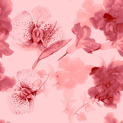 Pink Flower Set. Blur Summer Illustration. Pastel Seamless Print. Watercolor Print. Pattern Texture. Floral Jungle. Exotic Textile. Botanical Print.