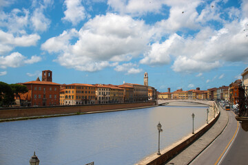 A view of the Arno River which runs through the city of Pisa Tuscany Italy