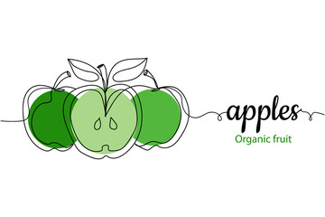 Continuous one line of apples in silhouette. Linear stylized.Minimalist. Organic fruit apples concept