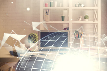 Obraz premium Multi exposure of world map drawing and office interior background. Concept of international network.