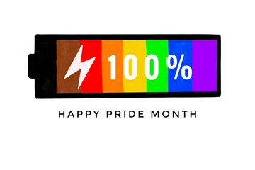Drawing charged full battery with texts ‘100%’ and texts ‘Happy Pride Month’, concept for charging full energy to celebrate human rights of ‘LGBTQ+’ communities in pride month around the world